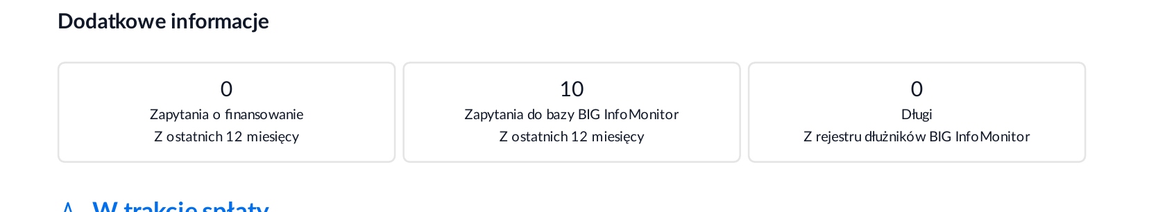 Nowy raport BIK — sekcja „Dodatkowe informacje” z liczbą zapytań o finansowanie. Przykładowy, zanonimizowany raport.