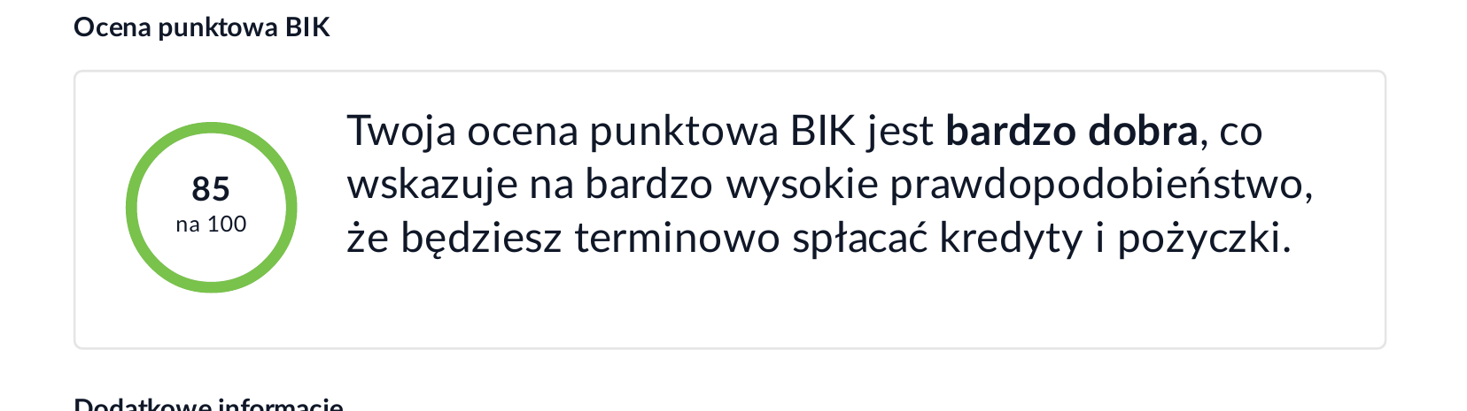 Nowy raport BIK — ocena punktowa w skali od 1 do 100 z opisem. Przykładowy, zanonimizowany raport.