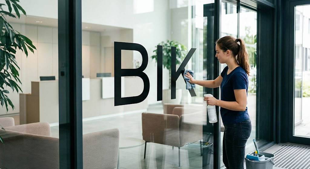 Czyszczenie BIK – kobieta myjąca szklane drzwi z logo BIK w siedzibie Biura Informacji Kredytowej