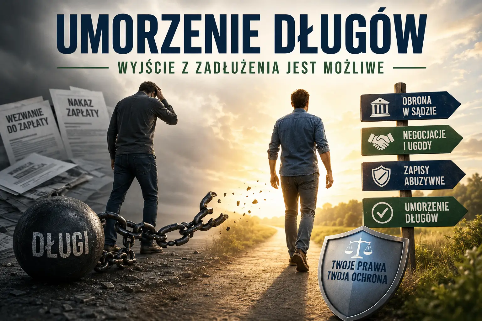Umorzenie długów — mężczyzna uwolniony od kuli u nogi z napisem DŁUGI idzie drogą w stronę światła, drogowskaz: obrona w sądzie, negocjacje i ugody, zapisy abuzywne, umorzenie długów