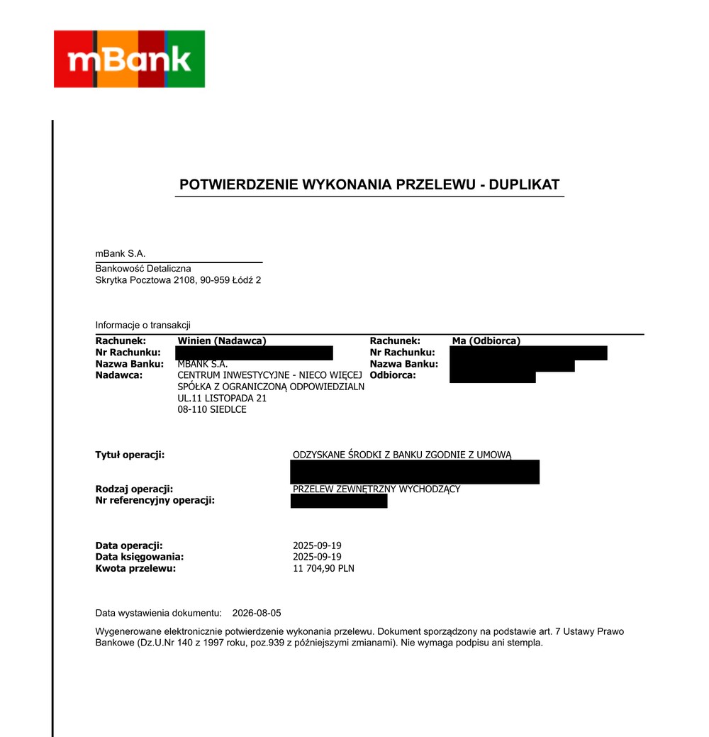 Potwierdzenie przelewu – odzyskane środki z banku wypłacone klientowi: 11 704,90 zł