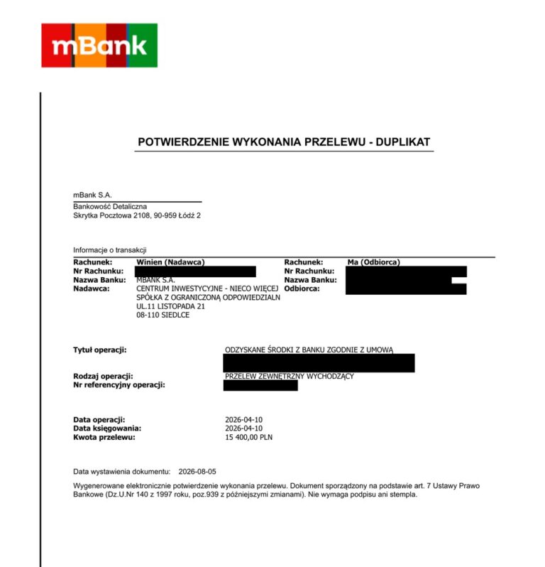 Potwierdzenie przelewu – odzyskane środki z banku wypłacone klientowi: 15 400,00 zł