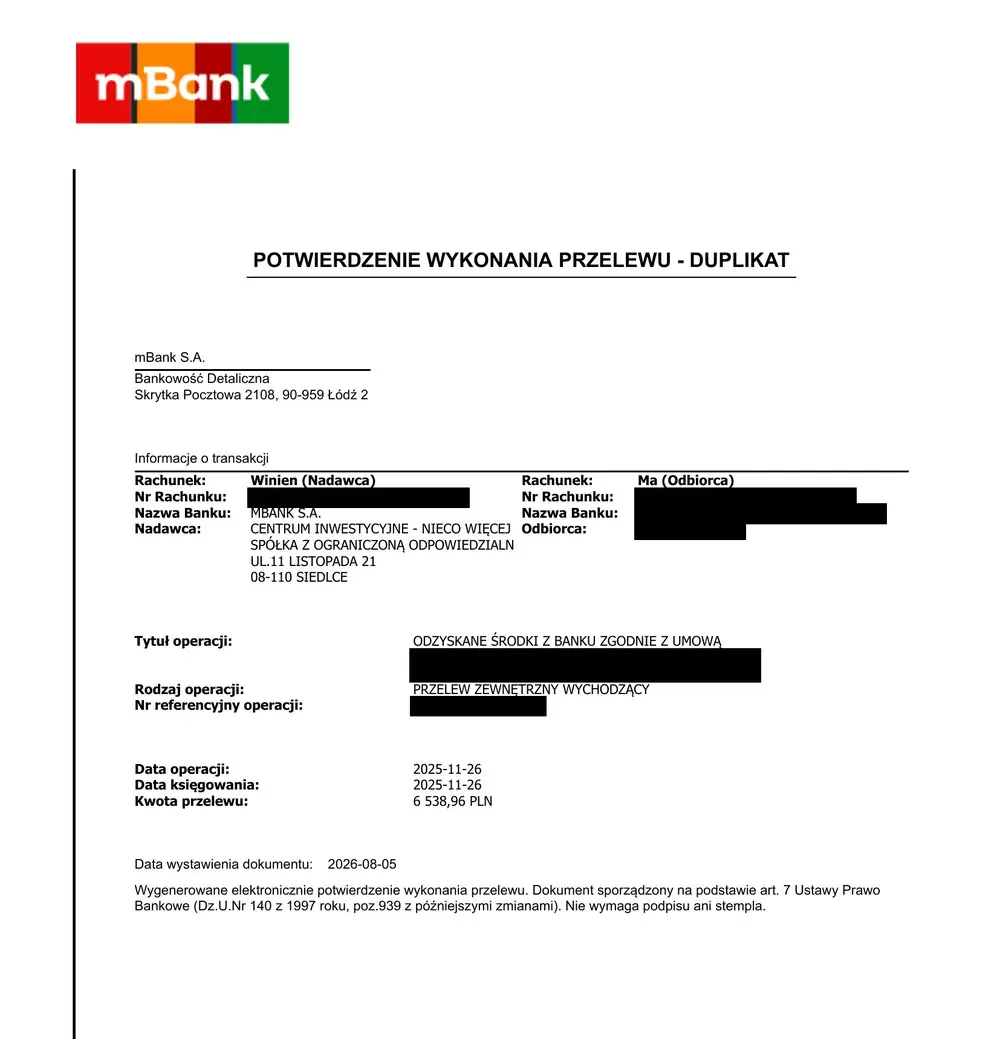 Potwierdzenie przelewu – odzyskane środki z banku wypłacone klientowi: 6 538,96 zł
