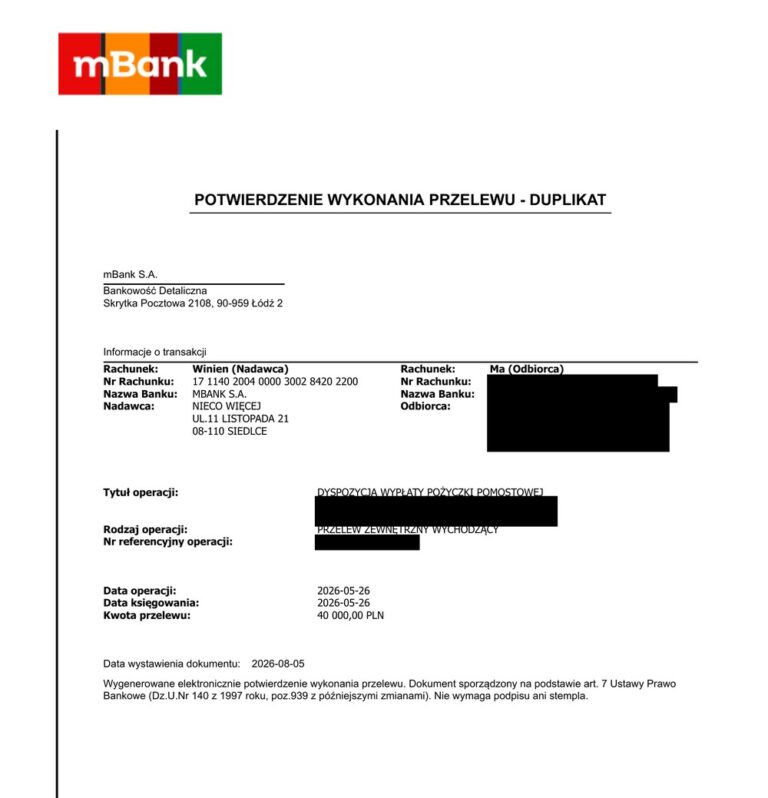 Potwierdzenie przelewu – wypłata pożyczki pomostowej przez Fundację Nieco Więcej: 40 000,00 zł