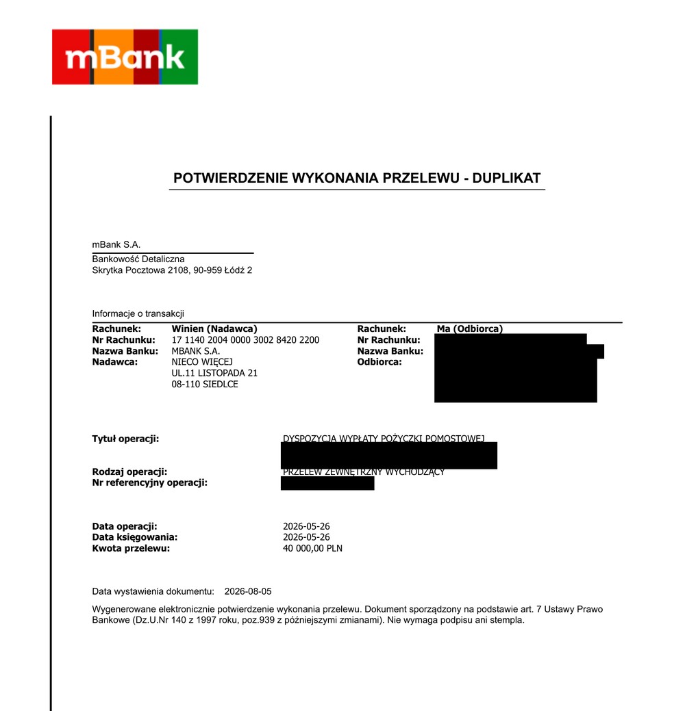 Potwierdzenie przelewu – wypłata pożyczki pomostowej przez Fundację Nieco Więcej: 40 000,00 zł