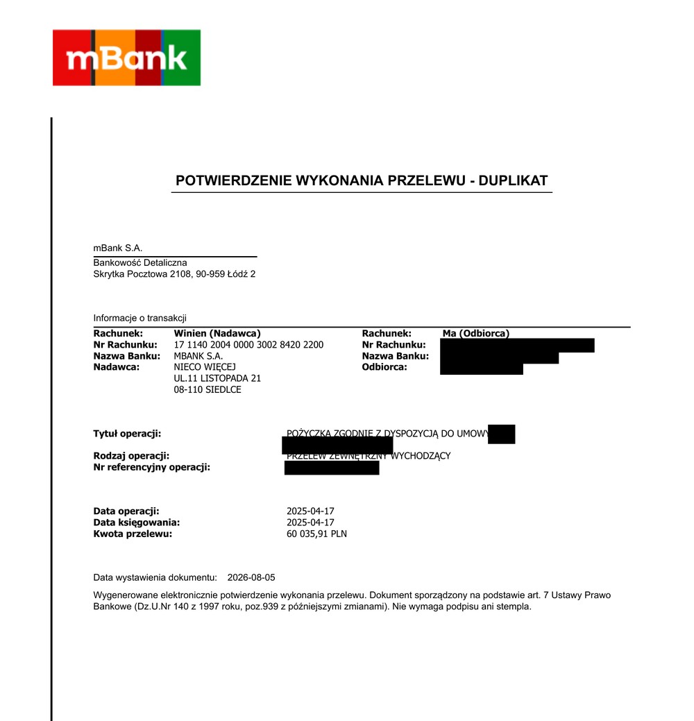 Potwierdzenie przelewu – wypłata pożyczki prywatnej przez Fundację Nieco Więcej: 60 035,91 zł